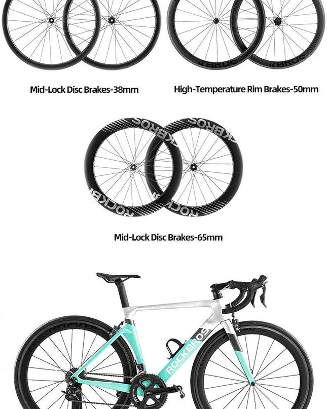 ROCKBROS Carbon Wheels 700c Road Bike Wheelset Tubeless Clincher Tires Rim Center Lock Or 6-bolt Back Road Cycling Wheelset