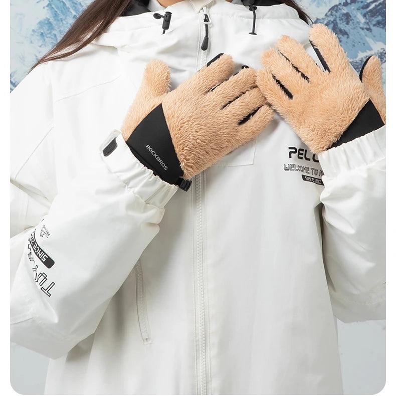 ROCKBROS Autumn Winter Ski Gloves Warm Windproof Gloves Cycling Snowboard Driving Double Layer Fleece-Lined Thickened Gloves