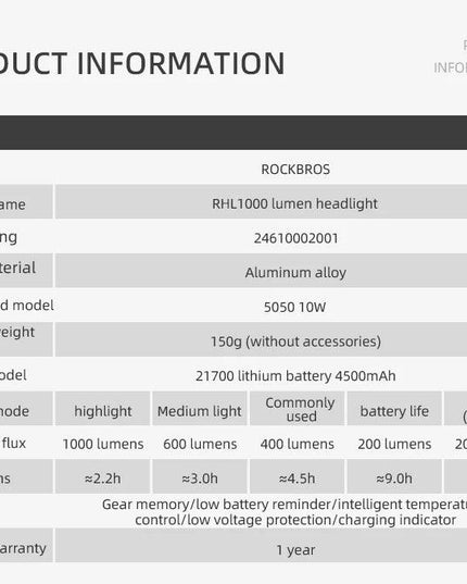 ROCKBROS Bike Front Light IPX6 Rainproof Type-c Rechargeable Bicycle Light 1000LM Cycling Headlight LED Flashlight MTB Bike Lamp