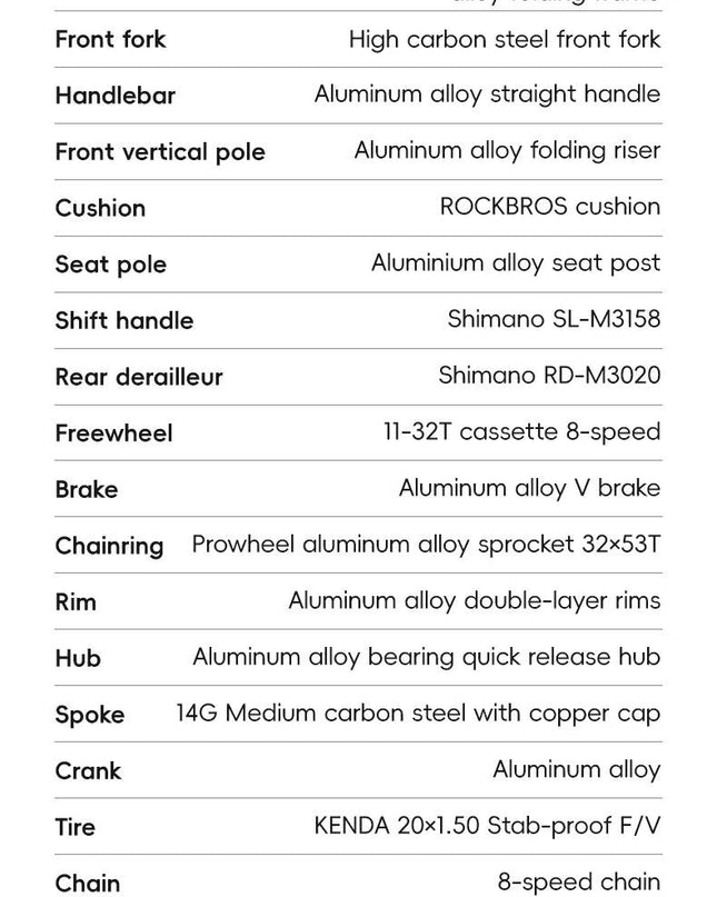 ROCKBROS 20 inch Folding Bike with Shimano 8-speed Aluminium Alloy Frame V Brake Lightweight Adult Unisex Adjustable Bike