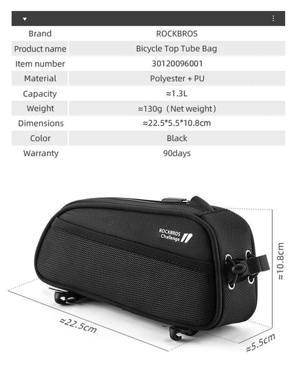 ROCKBROS Bicycle Bag 1.3L Portable Frame Front Tube Cycling Bag Waterproof MTB Road Bicycle Pannier Black With Headphone Jack