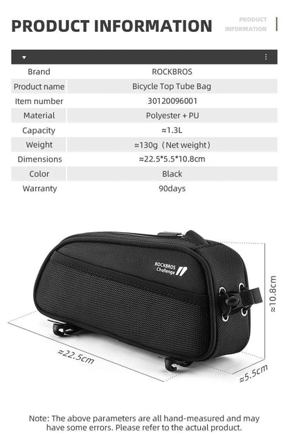 ROCKBROS Bicycle Bag 1.3L Portable Frame Front Tube Cycling Bag Waterproof MTB Road Bicycle Pannier Black With Headphone Jack