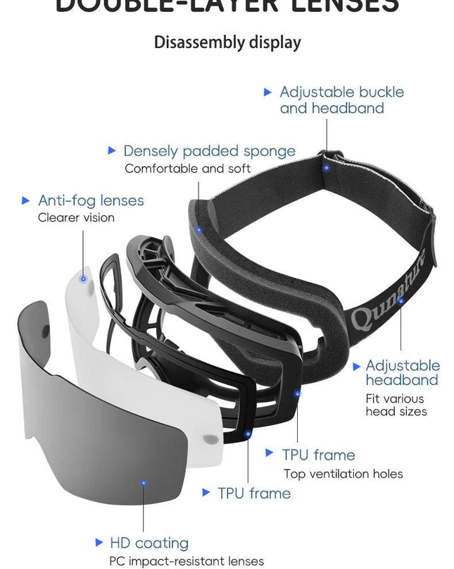 Qunature Ski Goggles Large Frame Snowboard Snow Goggles Double Layers UV400 Anti-fog Ski Glasses Skiing Outdoor Sport Eyewear