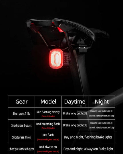 ROCKBROS Smart Bicycle Brake Light IPx6 Taillight Type-C Bike Tail Rear Light Auto Stop LED Riding Warning Safety Cycling Light