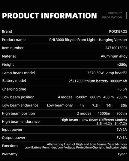 ROCKBROS 3000LM Bicycle Front Light 10000mAh Bicycle Light High Brightness Type-C Bike Lamp Road MTB Cycling Safety Front Lights