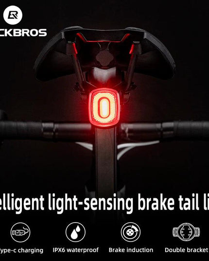 ROCKBROS Smart Bicycle Brake Light IPx6 Taillight Type-C Bike Tail Rear Light Auto Stop LED Riding Warning Safety Cycling Light