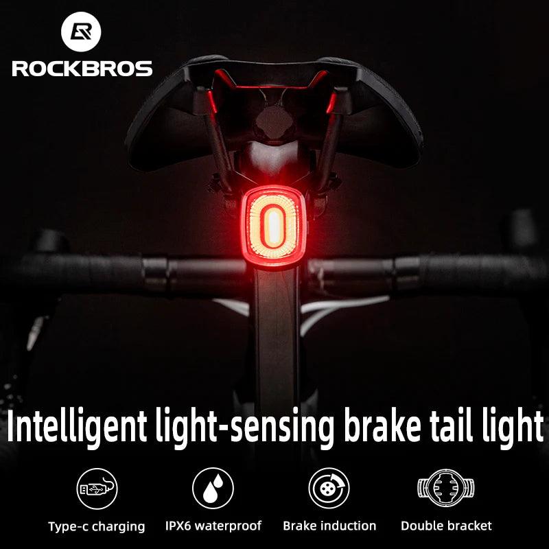 ROCKBROS Smart Bicycle Brake Light IPx6 Taillight Type-C Bike Tail Rear Light Auto Stop LED Riding Warning Safety Cycling Light