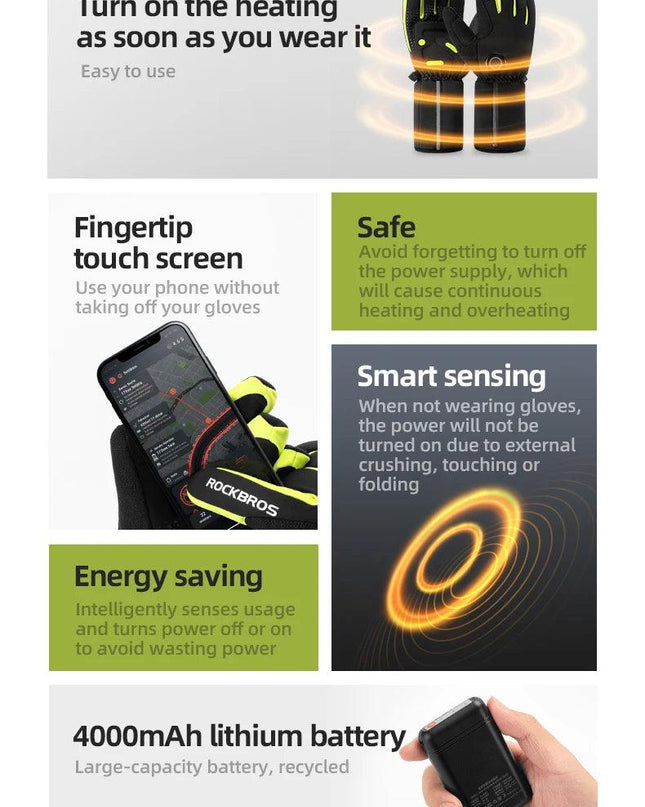 ROCKBROS Warm Heating Gloves Cycling Electric Heating Gloves Intelligent Sensing Winter Thermal Ski Long Glove Type-C charging