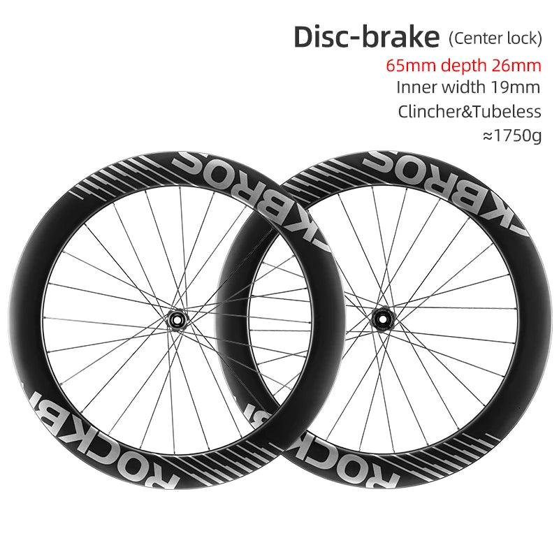 ROCKBROS Carbon Wheels 700c Road Bike Wheelset Tubeless Clincher Tires Rim Center Lock Or 6-bolt Back Road Cycling Wheelset