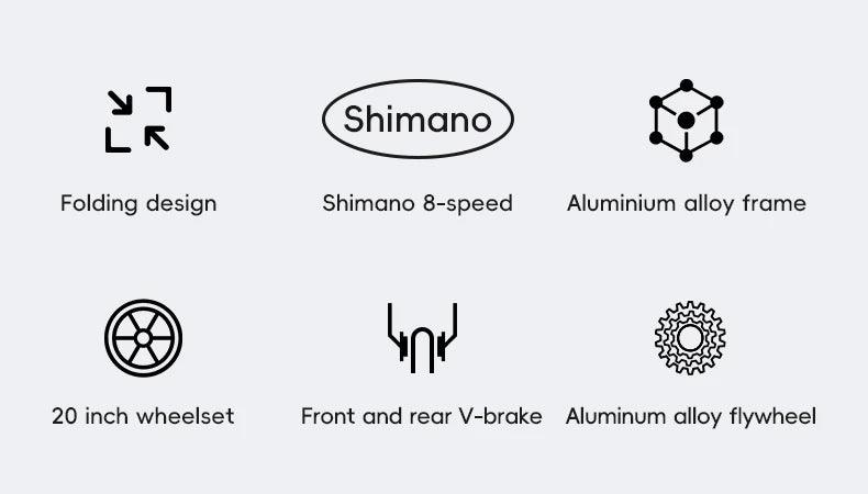 ROCKBROS 20 inch Folding Bike with Shimano 8-speed Aluminium Alloy Frame V Brake Lightweight Adult Unisex Adjustable Bike