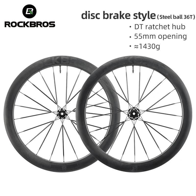 ROCKBROS Carbon Bicycle Wheelset 38mm 55mm Wheel Tubeless Clincher Tires Cycling Wheel Set Road Bike Steel Ball/Ceramic Peilin