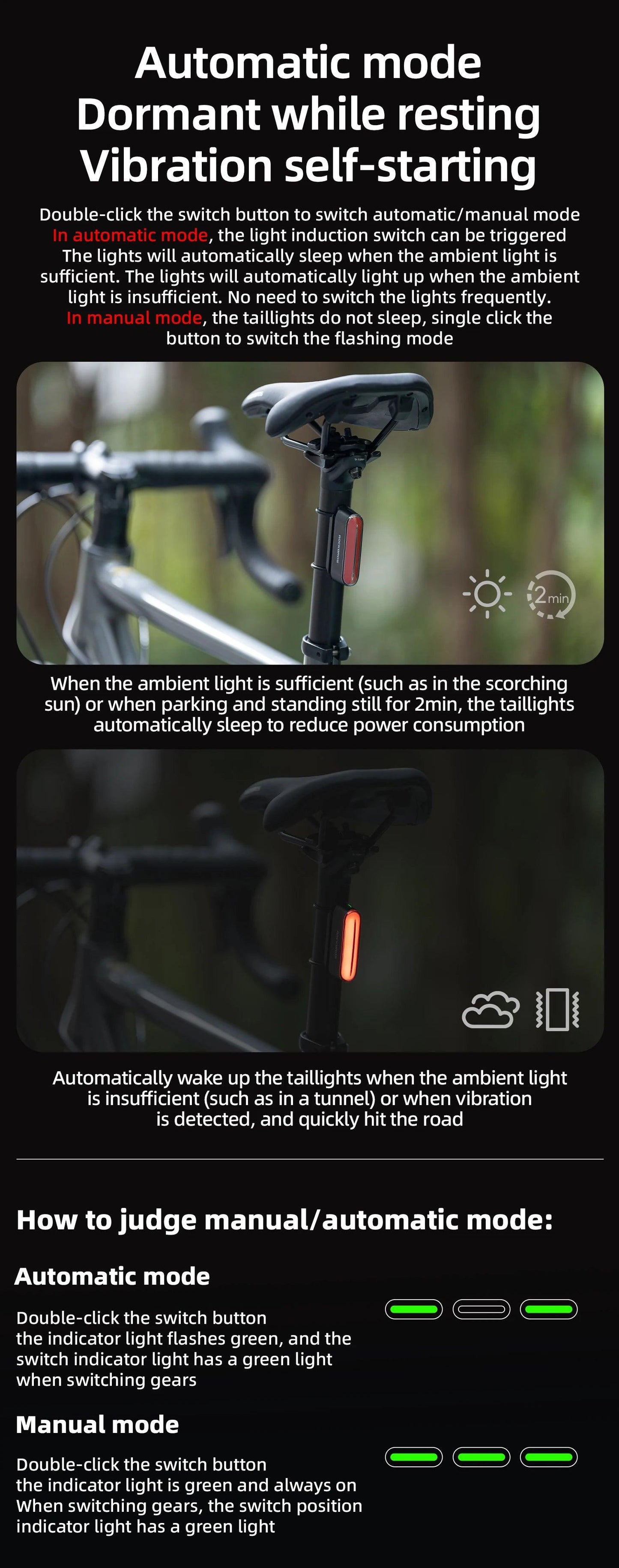 ROCKBROS Magnetic Bike Tail Light Type-C 7 modes Rechargeable LED Bicycle Rear Light for Night Riding Intelligent Brake Sensor