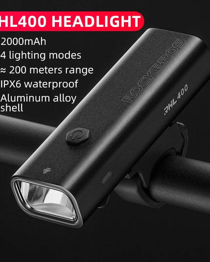 ROCKBROS Bike Light Rainproof Type-C Charging LED 2000mAh MTB Front Lamp Headlight Aluminum Ultralight Flashlight Bicycle Light