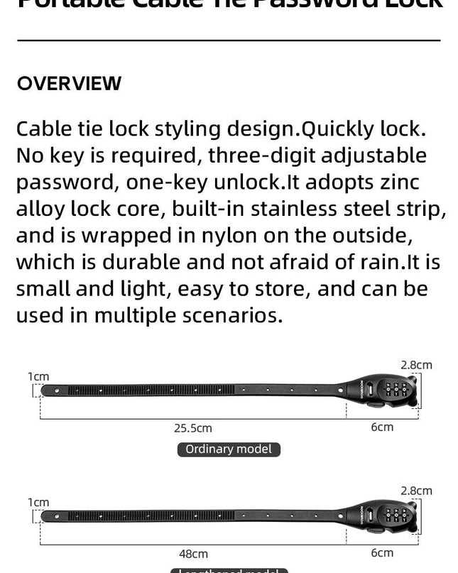 ROCKBROS Portable Bicycle Lock Cable Tie Zinc Alloy Lock Helmet Password Lock Anti-Theft Safety Freely Adjustable Rope Lock