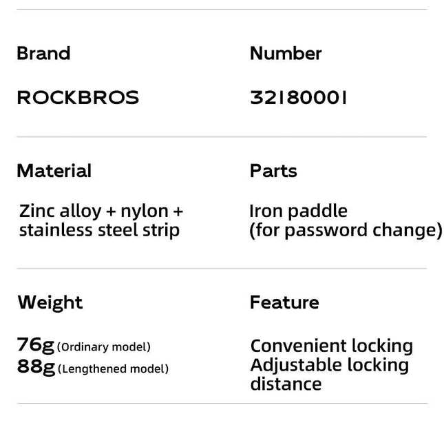 ROCKBROS Portable Bicycle Lock Cable Tie Zinc Alloy Lock Helmet Password Lock Anti-Theft Safety Freely Adjustable Rope Lock