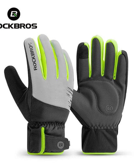 ROCKBROS Cycling Gloves Winter Windproof Keep Warm Reflective Gloves Thickened Palm Pad Touch Screen Night Cycling Glove MTB Men