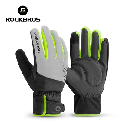 ROCKBROS Cycling Gloves Winter Windproof Keep Warm Reflective Gloves Thickened Palm Pad Touch Screen Night Cycling Glove MTB Men