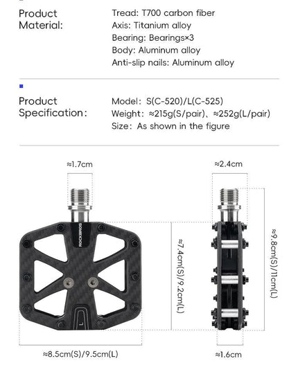 ROCKBROS Ultra-Light Carbon Fiber Pedals 3-Bearing MTB Bicycle Pedals Labor Saving Waterproof Anti-Slip Road Mountain Bike Pedal