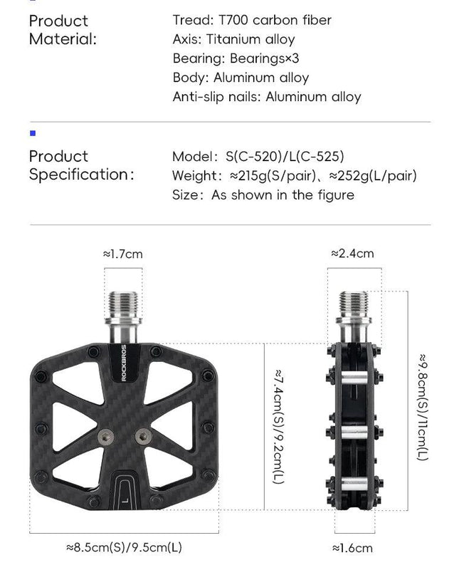 ROCKBROS Ultra-Light Carbon Fiber Pedals 3-Bearing MTB Bicycle Pedals Labor Saving Waterproof Anti-Slip Road Mountain Bike Pedal