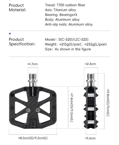 ROCKBROS Ultra-Light Carbon Fiber Pedals 3-Bearing MTB Bicycle Pedals Labor Saving Waterproof Anti-Slip Road Mountain Bike Pedal