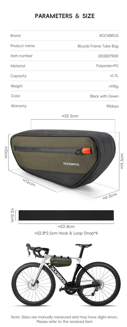 ROCKBROS Bicycle Frame Tube Bag Reflective 1.7L Bike Top Bottom Tube Bag Frame Bag Large Capacity MTB Cycling Pannier Portable