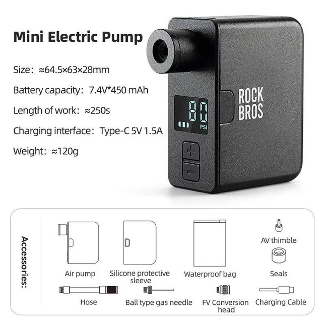 ROCKBROS Bike Air Pump Portable Mini Electric Air Compressor Treasure Type-C With LED Indicator Light Road MTB Accessories
