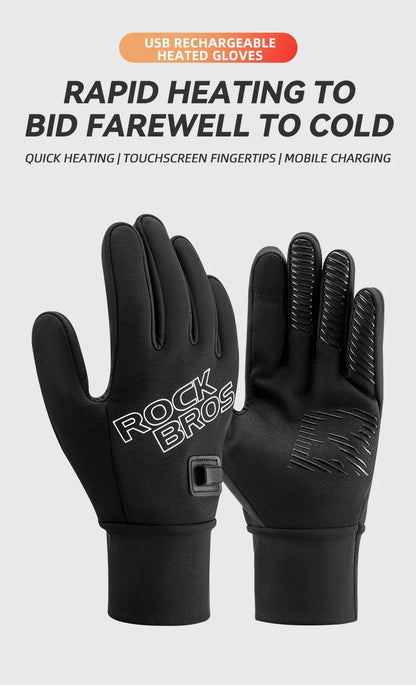 ROCKBROS Heated Gloves USB Rechargeable Touch screen Fingertips Large Heating Area Skiing Gloves Winter Warm Windproof Gloves