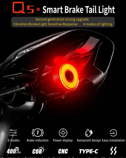 ROCKBROS Bicycle Smart Auto Brake Sensing Light IPx6 Waterproof LED Charging Cycling Taillight Bike Rear Light Accessories Q5