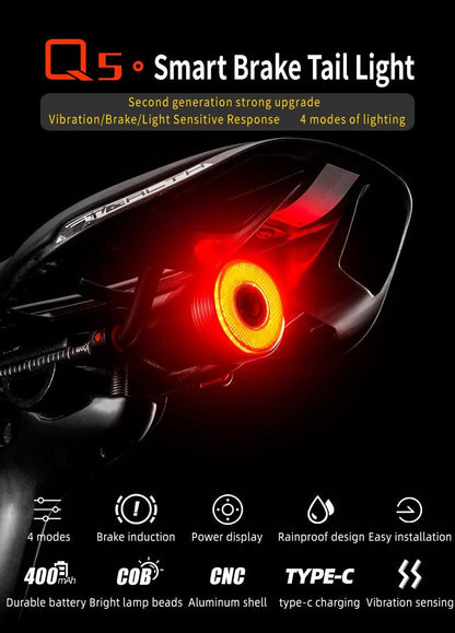 ROCKBROS Bicycle Smart Auto Brake Sensing Light IPx6 Waterproof LED Charging Cycling Taillight Bike Rear Light Accessories Q5