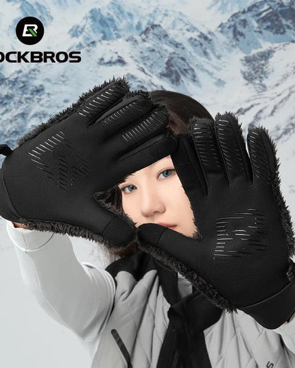 ROCKBROS Autumn Winter Ski Gloves Warm Windproof Gloves Cycling Snowboard Driving Double Layer Fleece-Lined Thickened Gloves