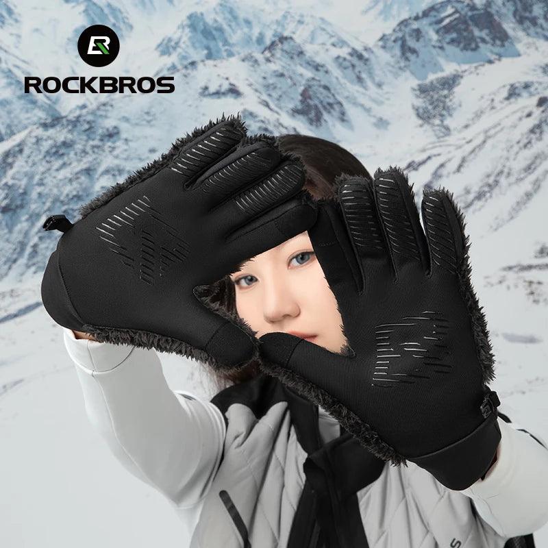 ROCKBROS Autumn Winter Ski Gloves Warm Windproof Gloves Cycling Snowboard Driving Double Layer Fleece-Lined Thickened Gloves