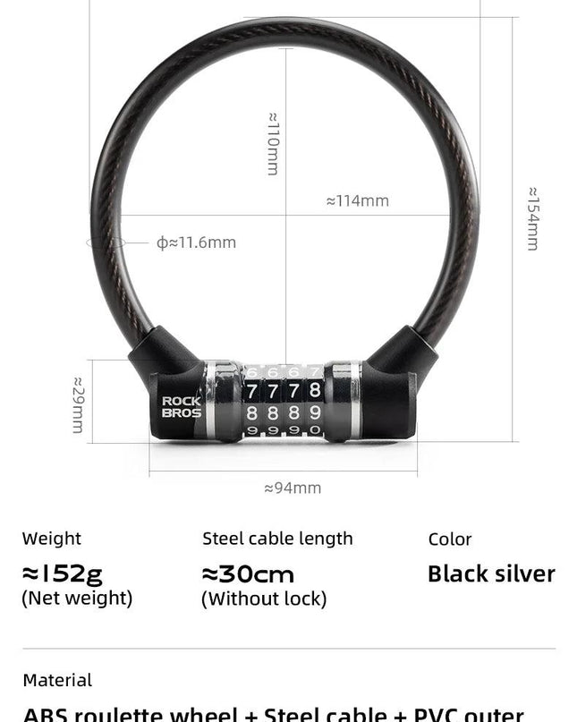 ROCKBROS Portable Bicycle Steel Cable Lock 4-Digit Password PVC Waterproof Dustproof Bike Lock Safety Lock MTB Road Accessories
