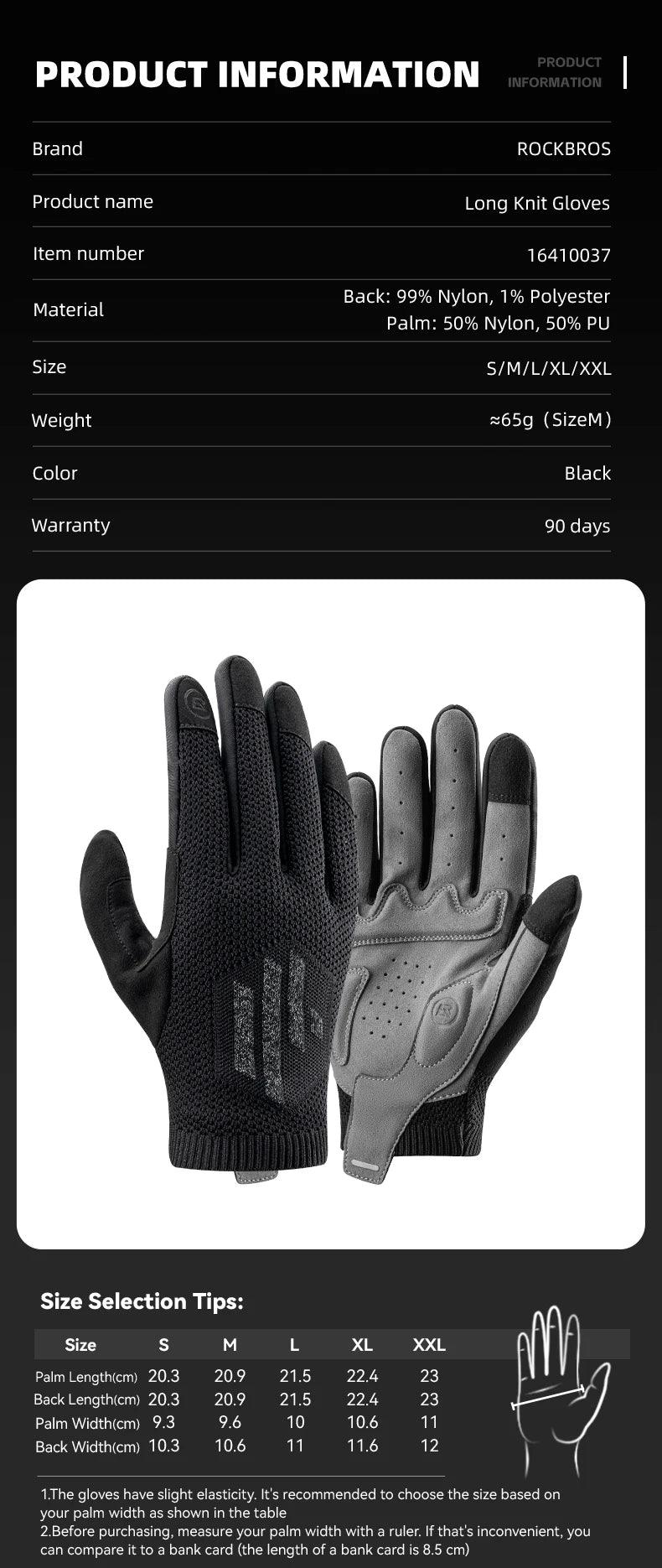 ROCKBROS Bicycle Gloves Full Finger Cycling Gloves Knit Fabric Touch Screen Motorcycle Gloves Autumn Winter Thermal Windproof