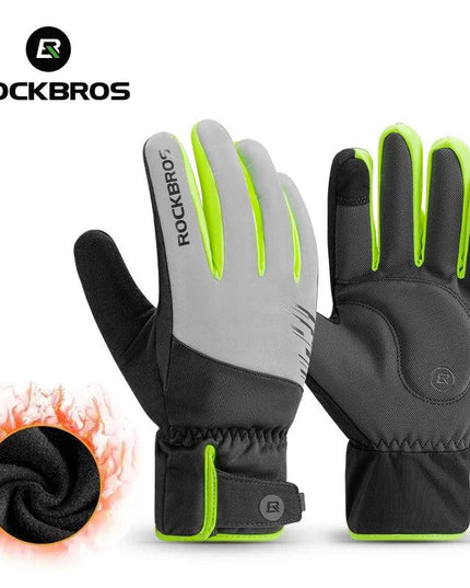 ROCKBROS Cycling Gloves Winter Windproof Keep Warm Reflective Gloves Thickened Palm Pad Touch Screen Night Cycling Glove MTB Men