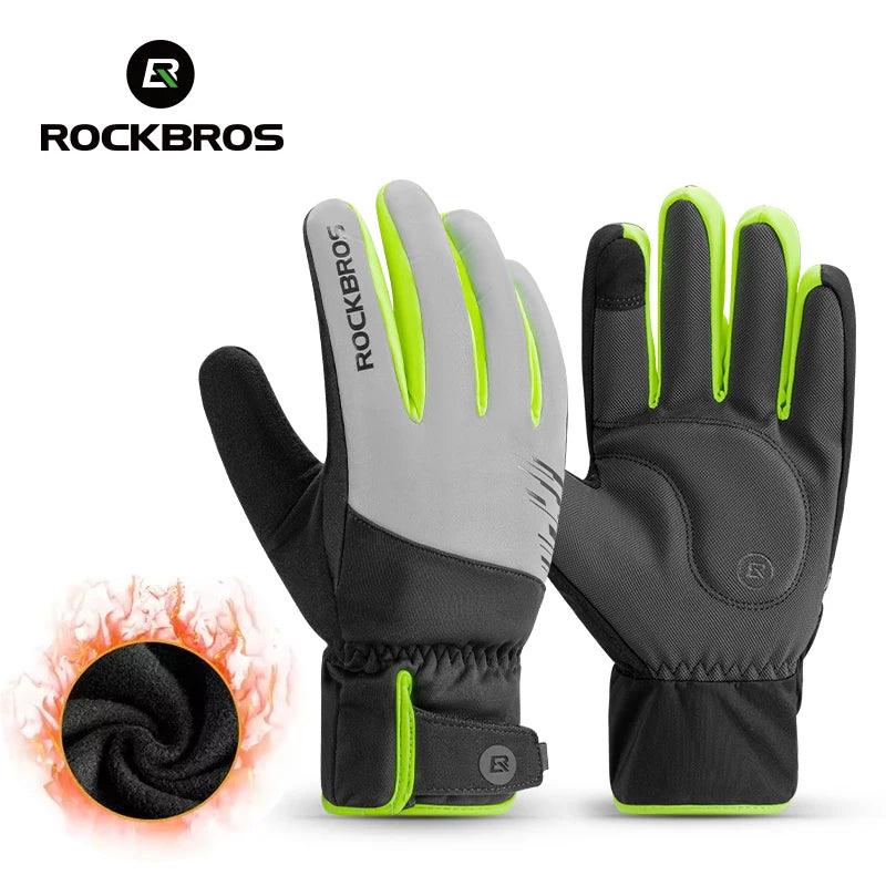 ROCKBROS Cycling Gloves Winter Windproof Keep Warm Reflective Gloves Thickened Palm Pad Touch Screen Night Cycling Glove MTB Men