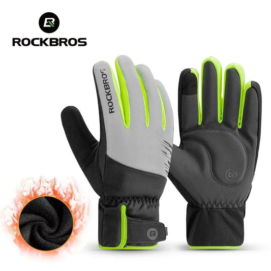 ROCKBROS Cycling Gloves Winter Windproof Keep Warm Reflective Gloves Thickened Palm Pad Touch Screen Night Cycling Glove MTB Men