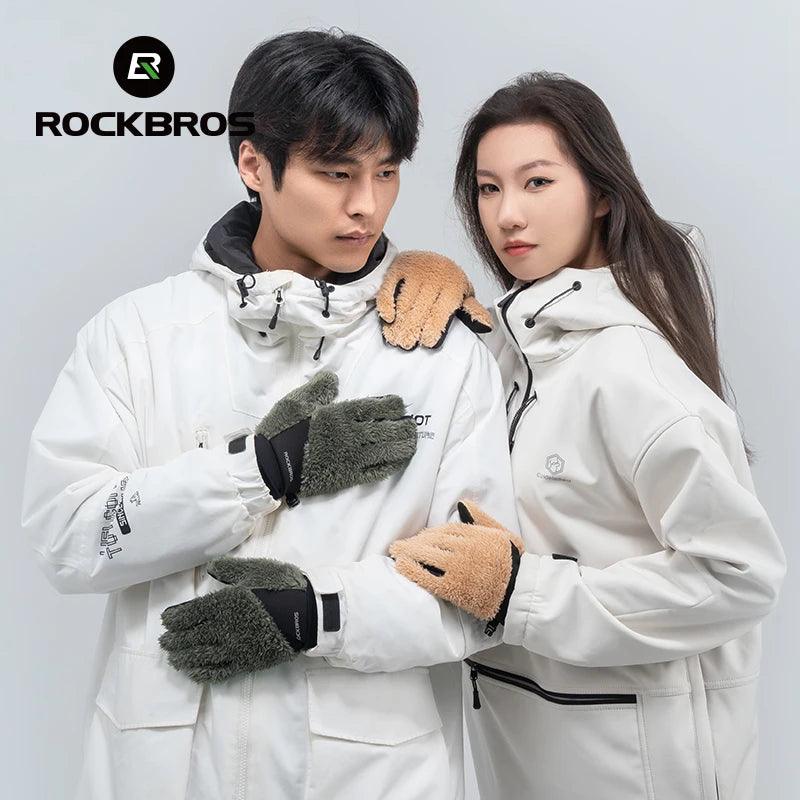 ROCKBROS Autumn Winter Ski Gloves Warm Windproof Gloves Cycling Snowboard Driving Double Layer Fleece-Lined Thickened Gloves