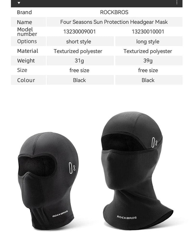 ROCKBROS Cycling Mask Sun Protection Headgear Mask For Four Seasons Balaclava  Full Face  Ski Mask Fishing Skiing Hat Headwear