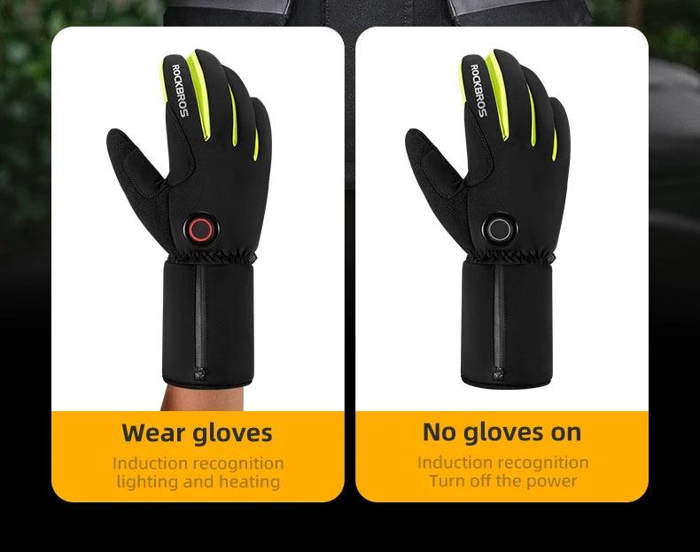 ROCKBROS Warm Heating Gloves Cycling Electric Heating Gloves Intelligent Sensing Winter Thermal Ski Long Glove Type-C charging