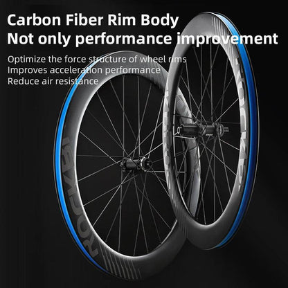 ROCKBROS Carbon Wheels 700c Road Bike Wheelset Tubeless Clincher Tires Rim Center Lock Or 6-bolt Back Road Cycling Wheelset