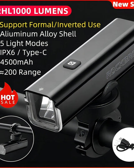 ROCKBROS Bicycle Light 1000LM Type-c Charging Bike Light Front Lamp Rechargeable Cycling Headlight Aluminum Waterproof RHL1000
