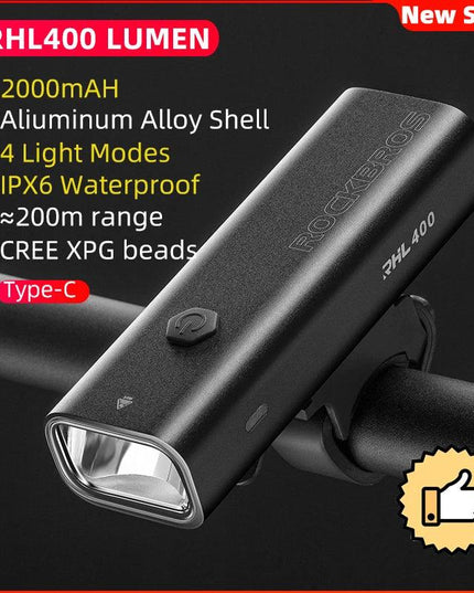 ROCKBROS Bike Light Rainproof Type-C Charging LED 2000mAh MTB Front Lamp Headlight Aluminum Ultralight Flashlight Bicycle Light