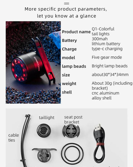 ROCKBROS Bicycle Rear Light USB Charging Safety Warning Cycling Light Colorful Bicycle Tail Light Bike Light Bike Accessories