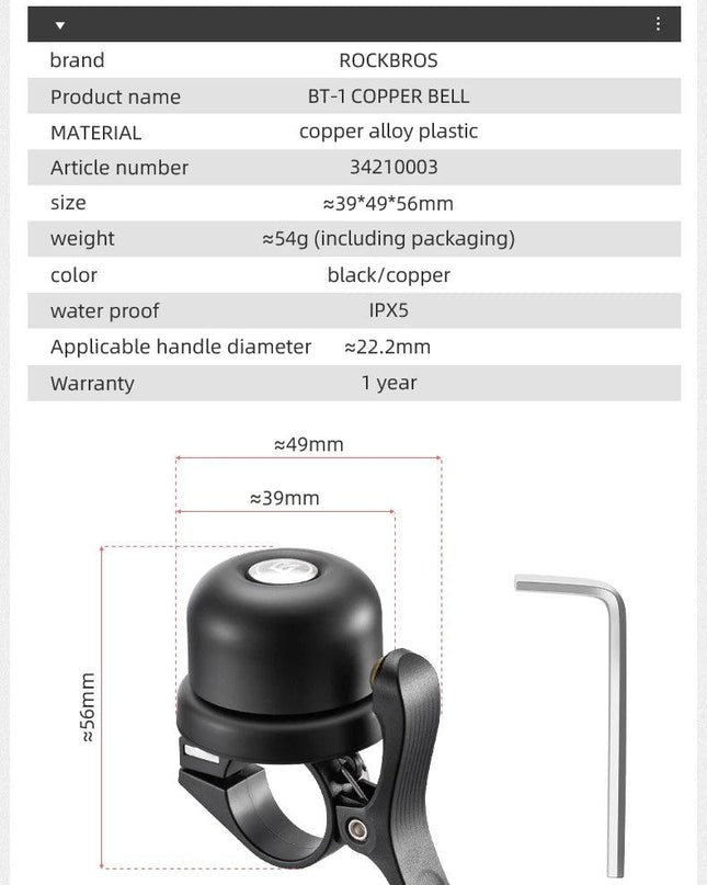 ROCKBROS Bicycle Bell Classical Stainless Bike Bell Loud Horn Cycling Handlebar Bell Portable Alarm Safety Bicycle Accessories