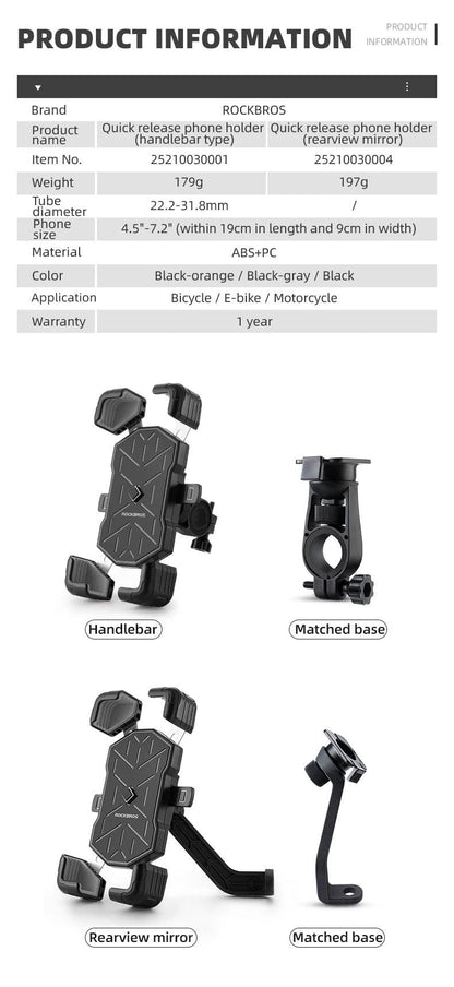 ROCKBROS Bike Phone Holder 360° View Universal Bicycle Phone Holder 4.5-7.2inch Mobile Phone Stand Shockproof Motorcycle Bracket