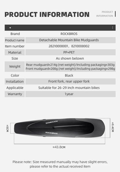 ROCKBROS Mountain Bike Mudguard Widen Quick Release 26-29 Inch  Durable lnnovative Installation Fender Bicycle Accessaries