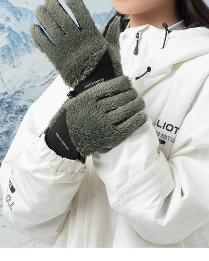 ROCKBROS Autumn Winter Ski Gloves Warm Windproof Gloves Cycling Snowboard Driving Double Layer Fleece-Lined Thickened Gloves
