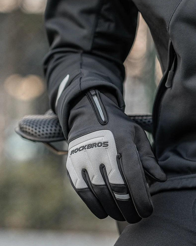 ROCKBROS Winter Warm Gloves Touch screen Cycling Gloves Full Finger MTB Bike Gloves Non Slip Silicone Palm Thermal Ski Gloves