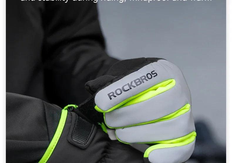 ROCKBROS Cycling Gloves Winter Windproof Keep Warm Reflective Gloves Thickened Palm Pad Touch Screen Night Cycling Glove MTB Men