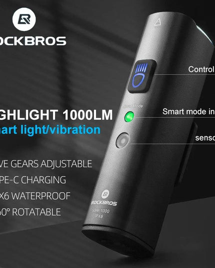 ROCKBROS 1000Lumen Bike Light Smart Vibration Sensing Bike Lamp 5Modes Bicycle Headlight LED Flashlight Lantern Bike Accessories